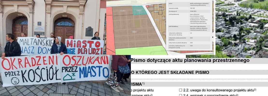 kolaż zdjęć z protestów Osiedla Maltańskiego, fragment mapki z planu ogólnego, zdjęcie lotnicze osiedla oraz fragment pisma z uwagami